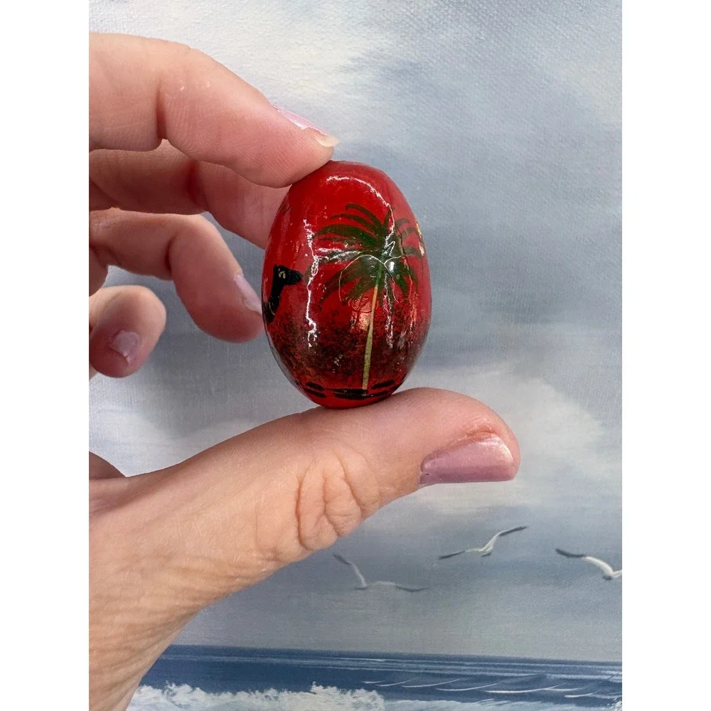Hand Painted Miniature Wooden Egg Red Camel Palm Tree Desert Folk Art Decor
